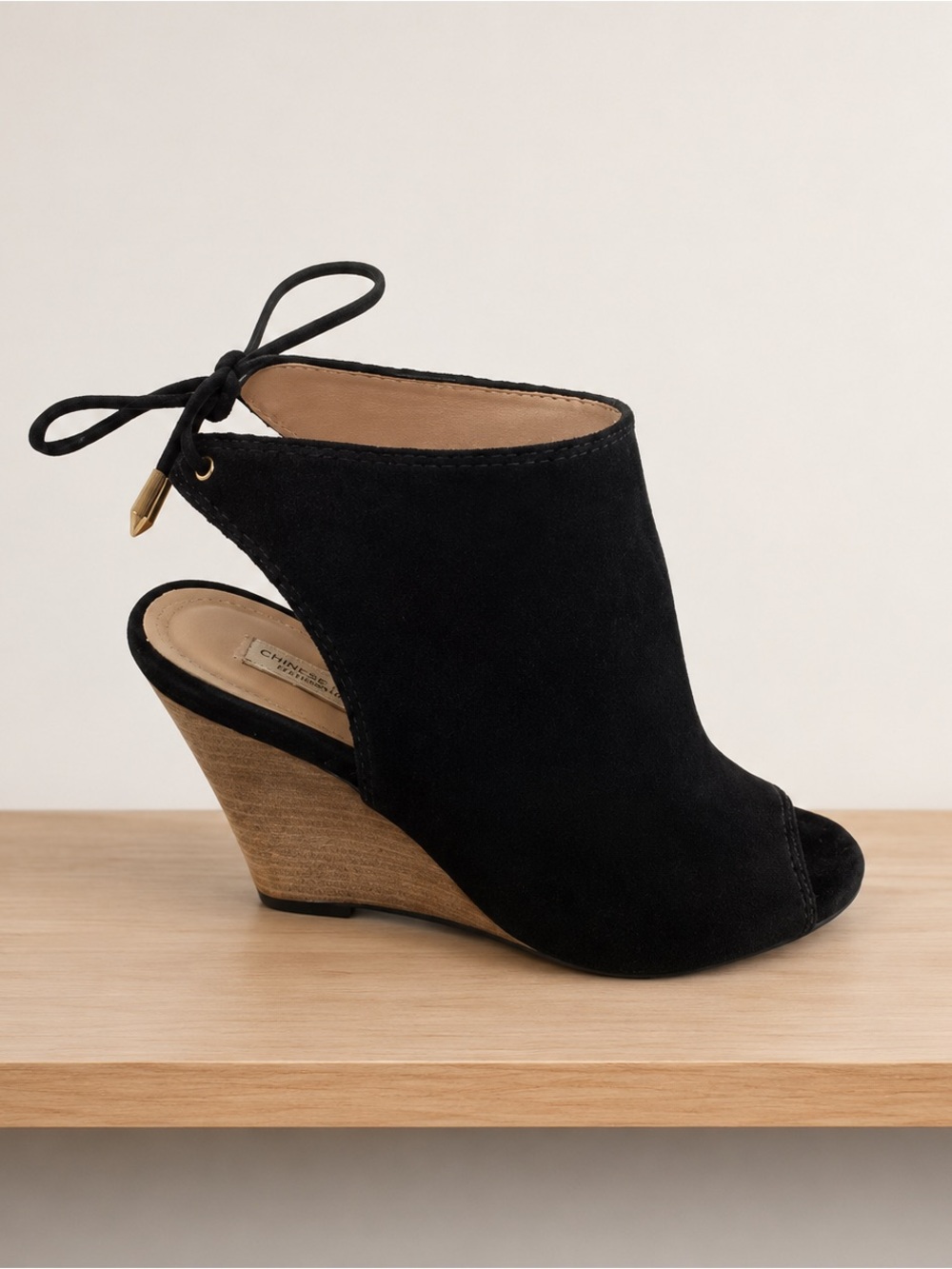 Chinese Laundry black suede open toe tie back wedge heel 38.5 US 8